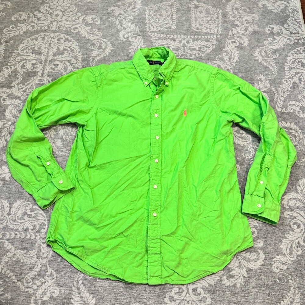 Ralph Lauren Shirt Mens Size L Bright Green Solid Button-Up Long Sleeve